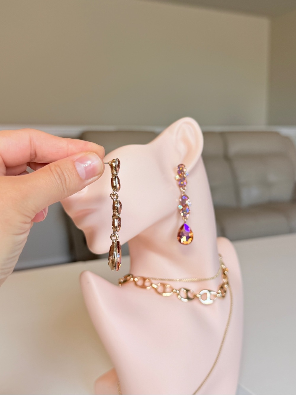 Gold-Tone Pink Crystal Drop Earrings – Elegant Statement - Picture 7 of 12